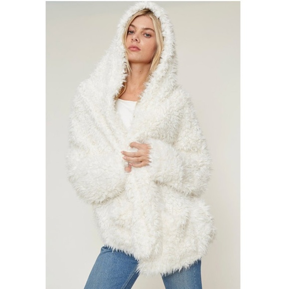 Jackets & Blazers - Ivory Faux Fur Sherpa Hoodie Jacket Cardigan Coat